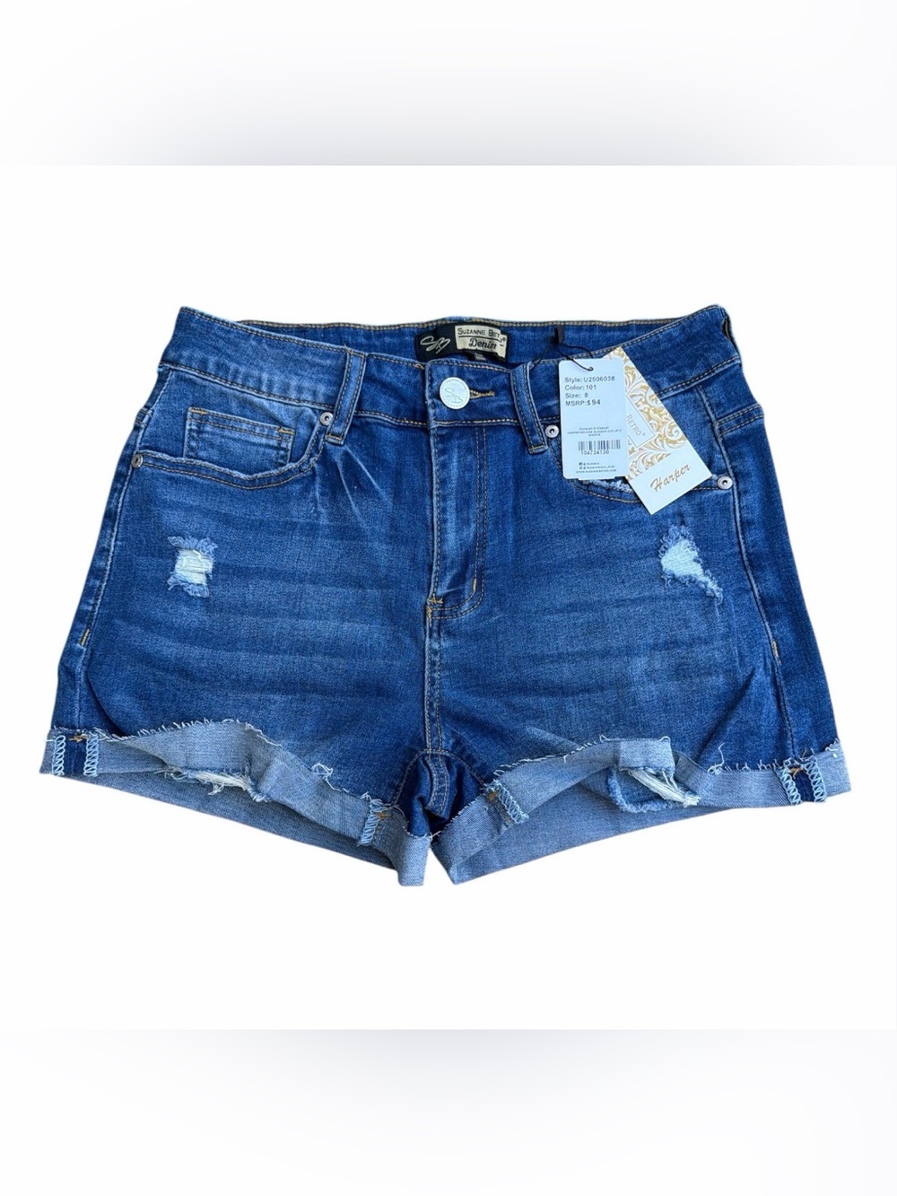 Suzanne Betro Dark Blue Distressed Cuffed Denim Shorts